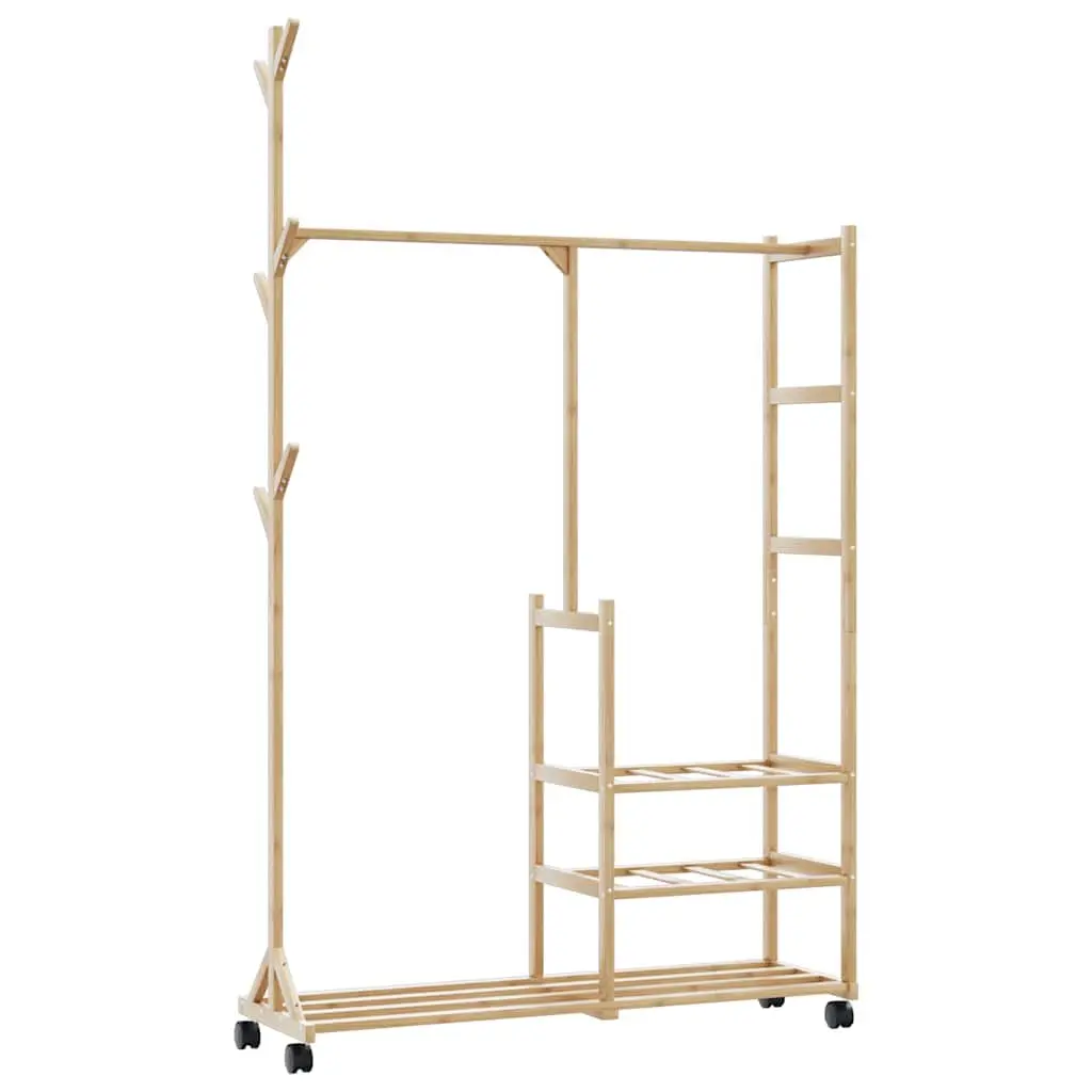 Bamboo Clothes Rack with Shelves and Hooks
