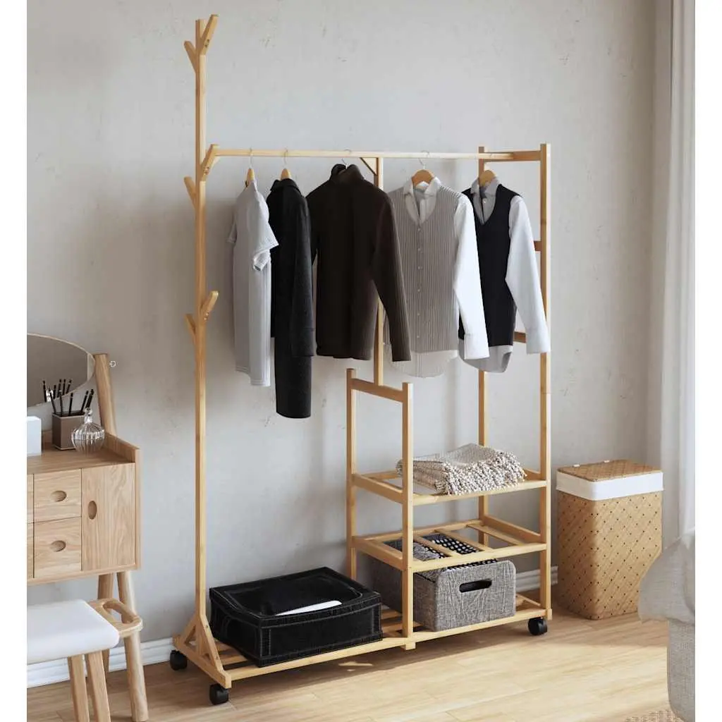 Bamboo Clothes Rack with Shelves and Hooks
