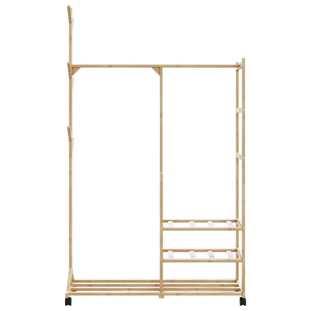 Bamboo Clothes Rack with Shelves and Hooks