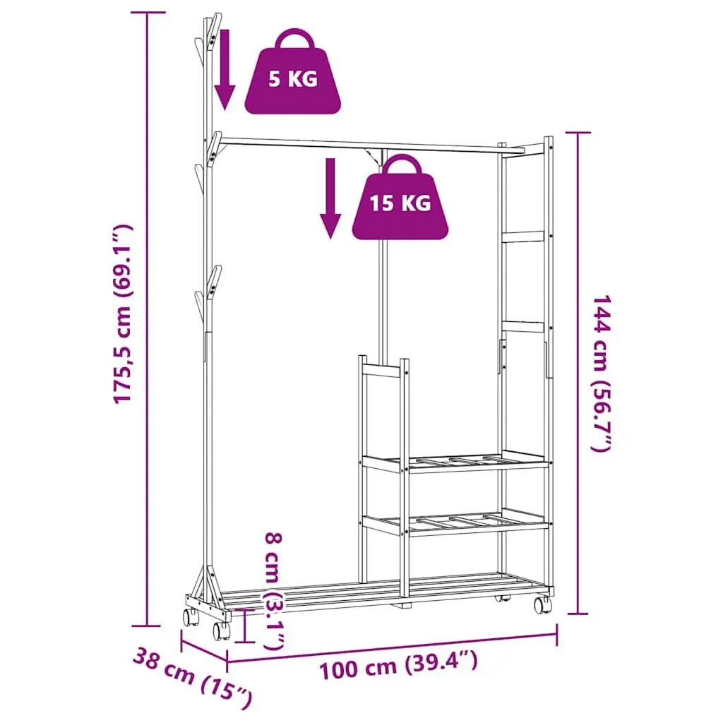 Bamboo Clothes Rack with Shelves and Hooks