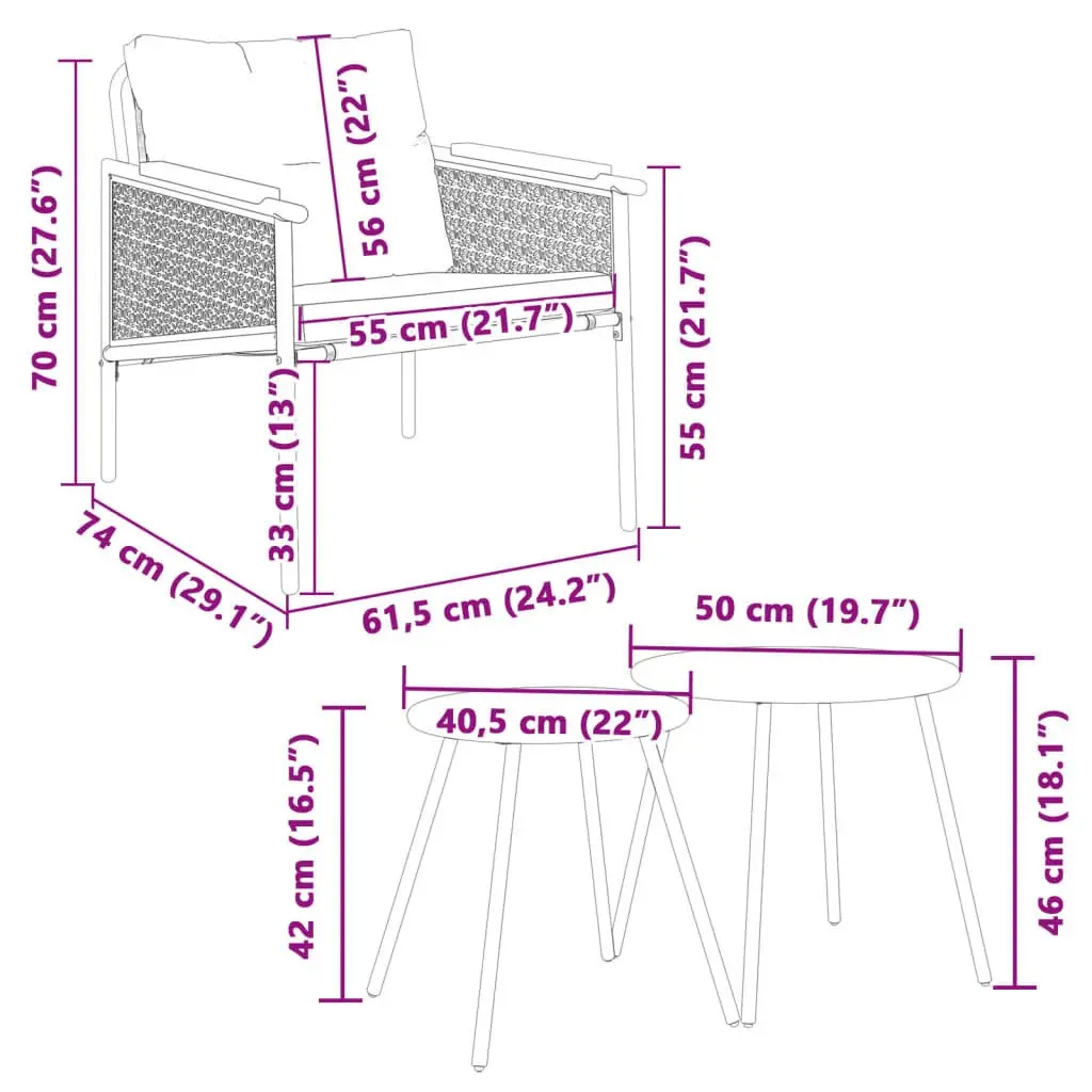 Black Steel Frame Balcony Furniture Set for Outdoors