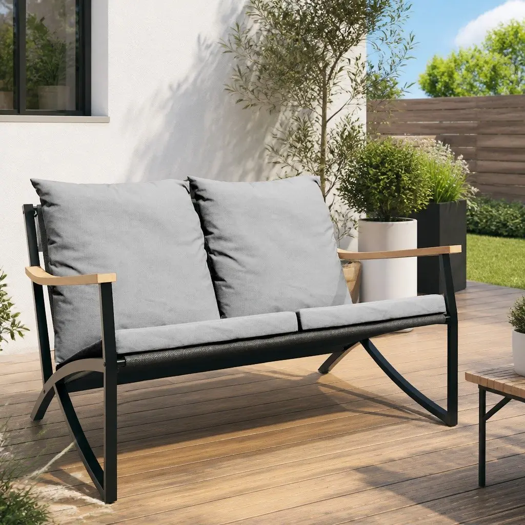 Garden Bench Steel Frame 120cm Black Textilene Cushions