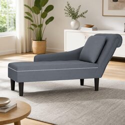 Elegant Grey Velvet Chaise Lounge with Pillow Armrest