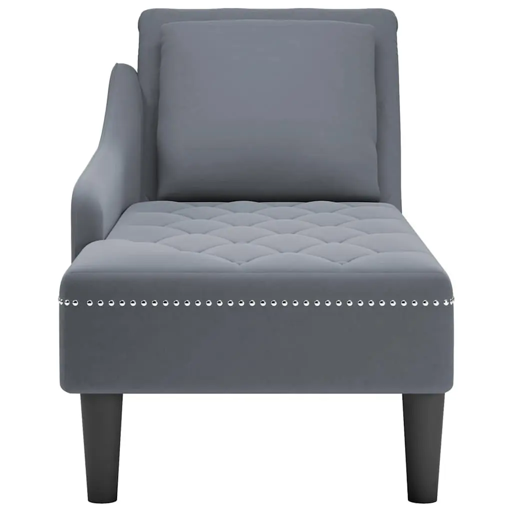 Chaise Lounge Velvet Grey with Pillow Armrest Button Tufting
