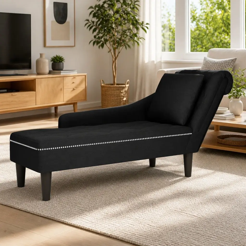 Black Velvet Chaise Lounge with Pillow