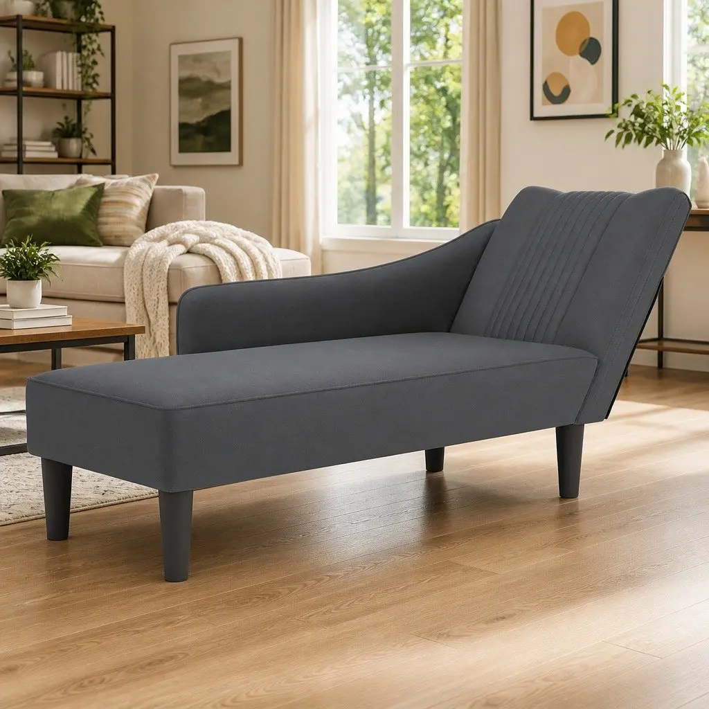 Dark Grey Velvet Chaise Lounge with Right Armrest