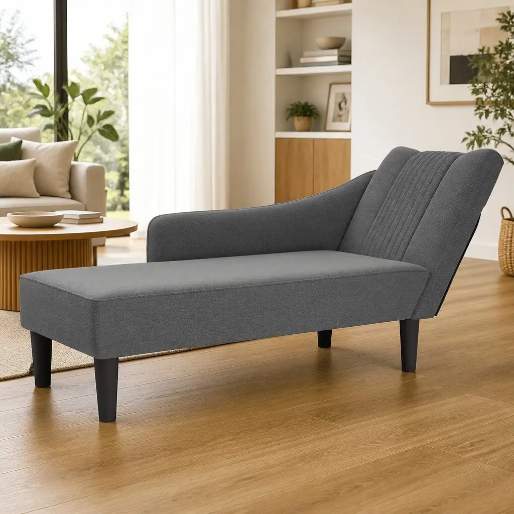 Grey Fabric Chaise Lounge with Right Armrest