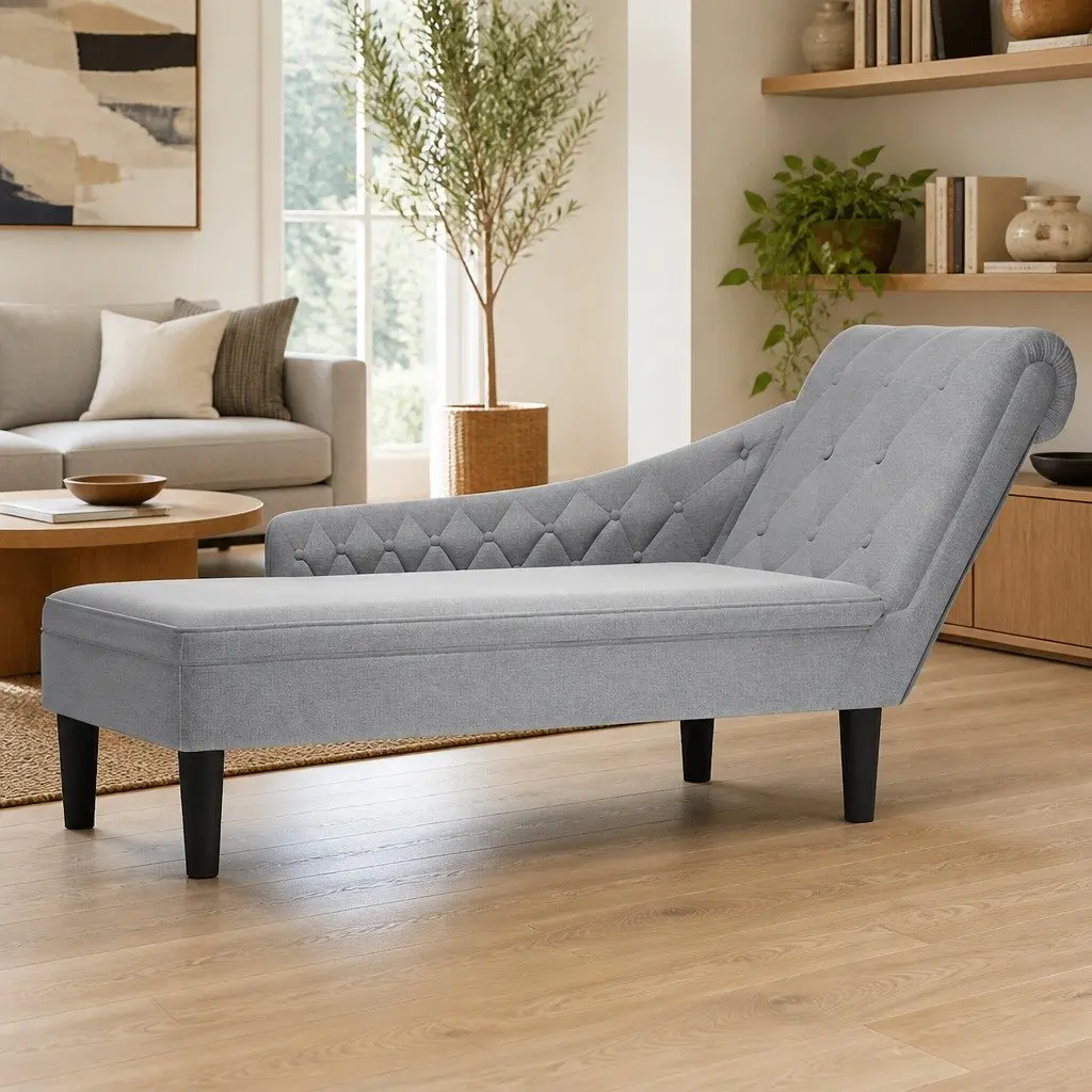 Chaise Lounge Sofa Fabric Light Grey Right Armrest with Lumbar Pillow Button Tufted