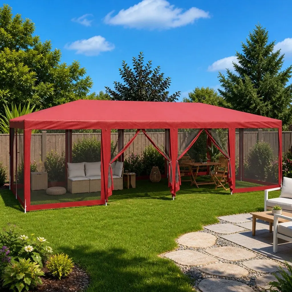 8x4m Party Tent with 12 Mesh Sidewalls in Red