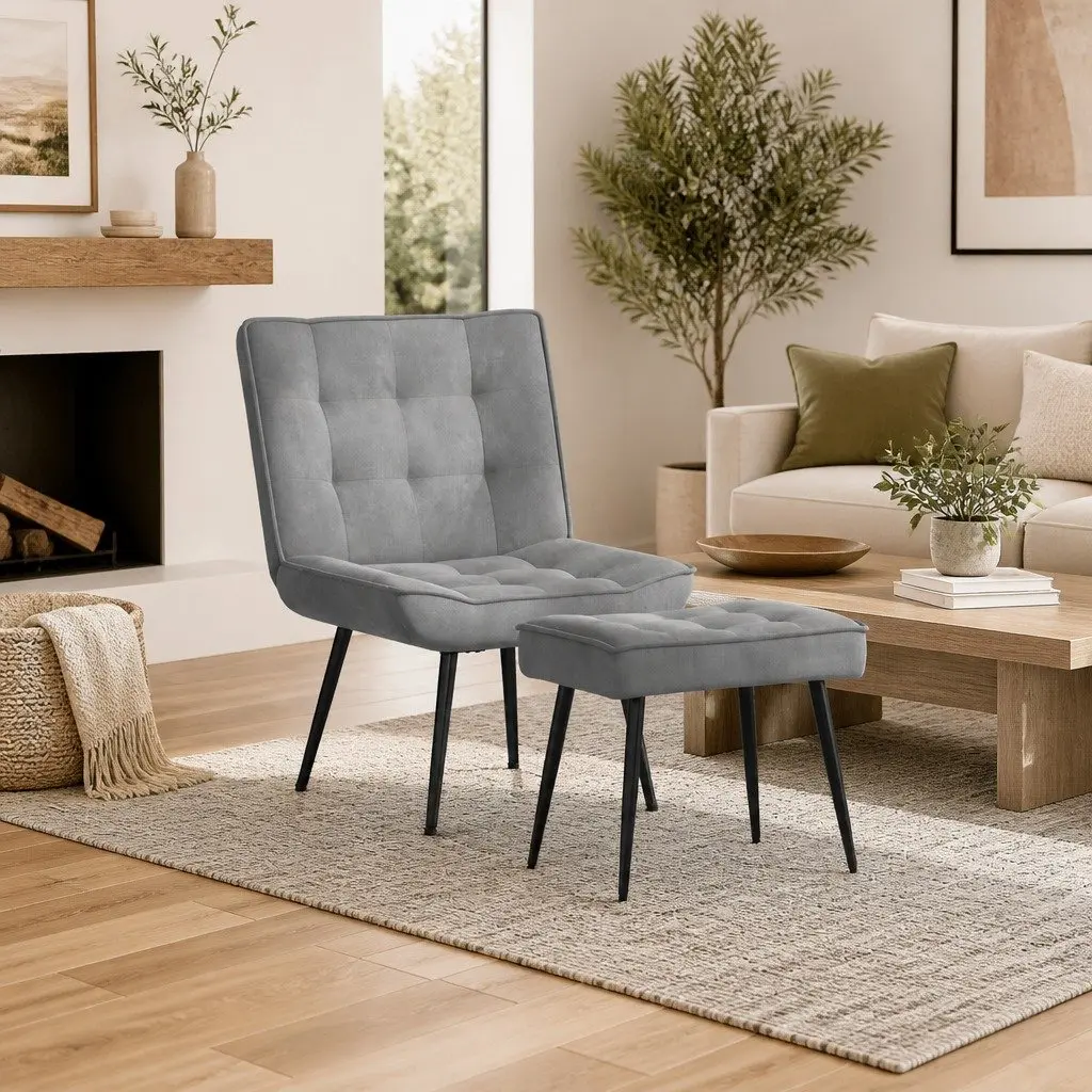Relaxing Chair Velvet Grey with Footstool Upholstered Lounge Seat