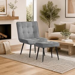 Comfortable Grey Velvet Lounge Chair with Footstool