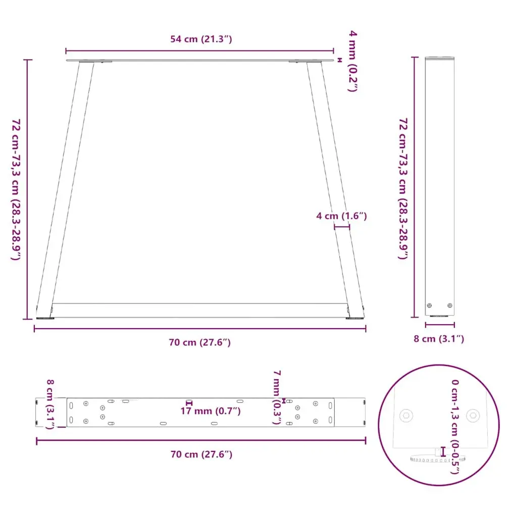 Dining Table Legs Steel V-Shape Black 70x72-73.3cm 2pcs Adjustable Levellers