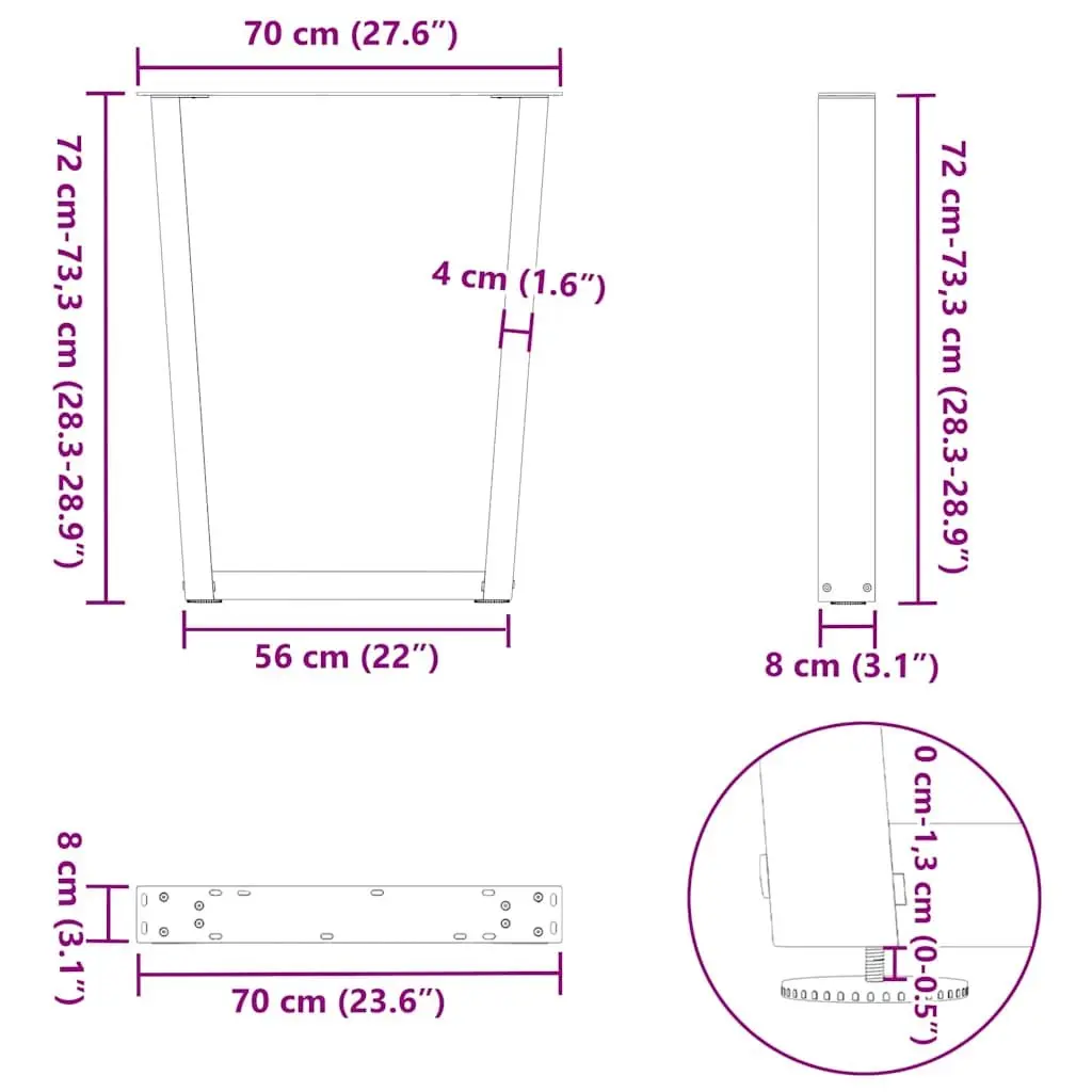 Adjustable V-Shape Dining Table Legs 2pcs in Black Steel