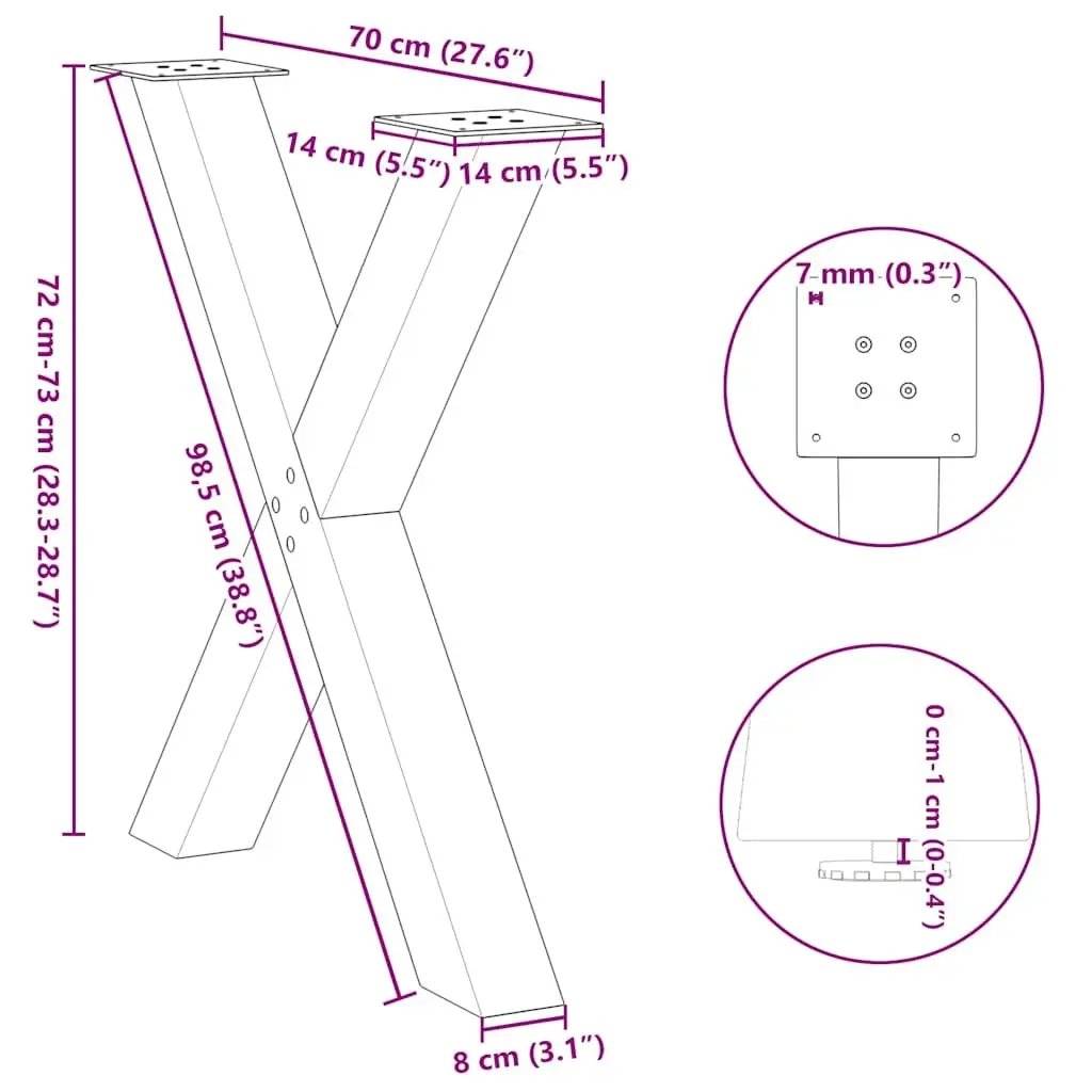 X-Shaped Dining Table Legs Steel Black Support 70cm Height 2 Pieces Furniture