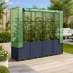 Grey Rattan Look Raised Garden Bed with Greenhouse Cover 160x40x153cm