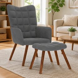 Premium Grey Velvet Armchair with Footstool