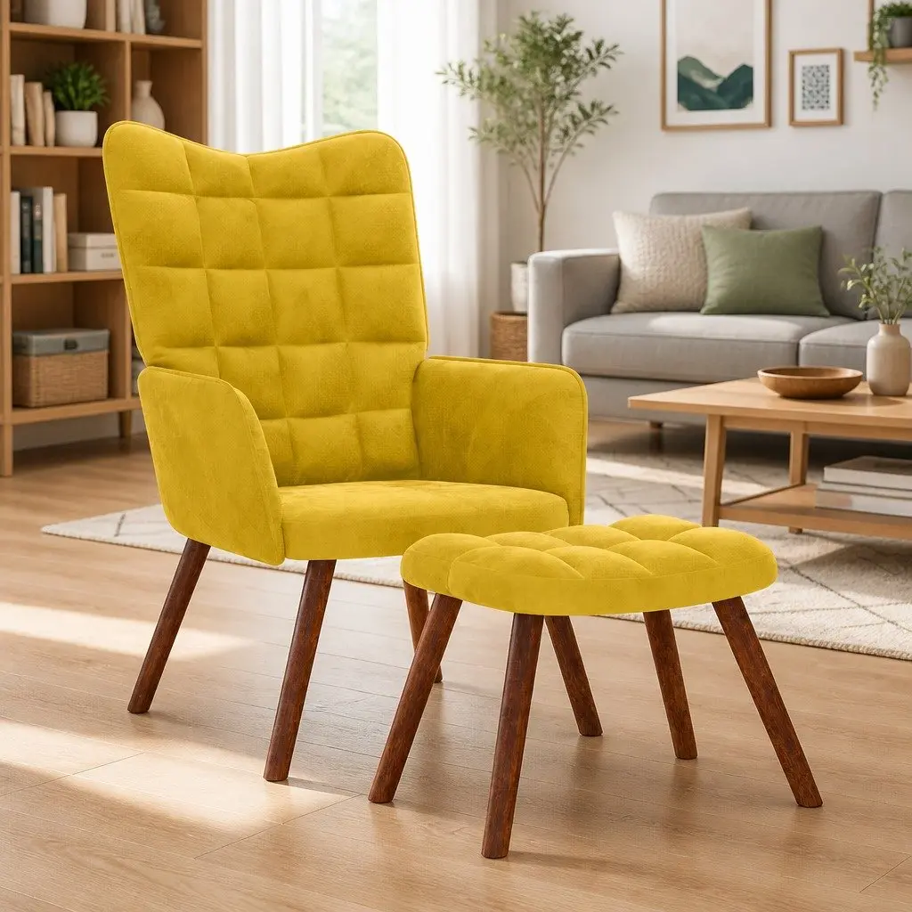 Armchair Velvet Yellow with Footstool Plywood Metal Wooden Feet