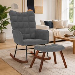 Grey Velvet Padded Rocking Chair with Stool