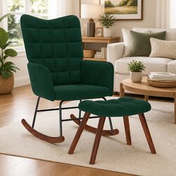 Sturdy Green Velvet Rocking Chair with Footstool