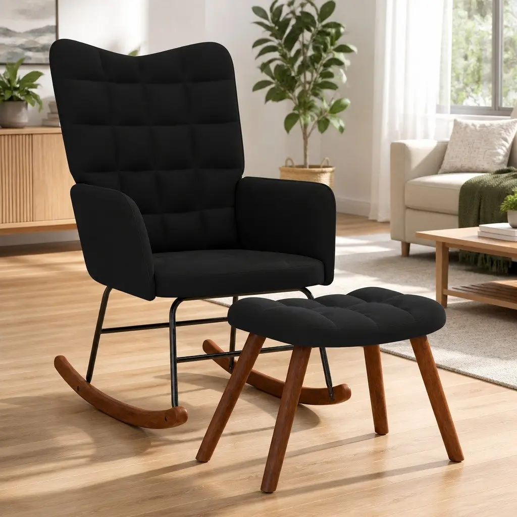 Black Velvet Rocking Chair with Footstool