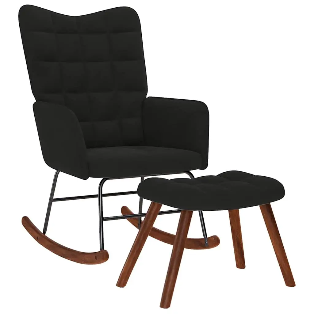 Rocking Chair Velvet Fabric Black with Stool Plywood Metal Wood