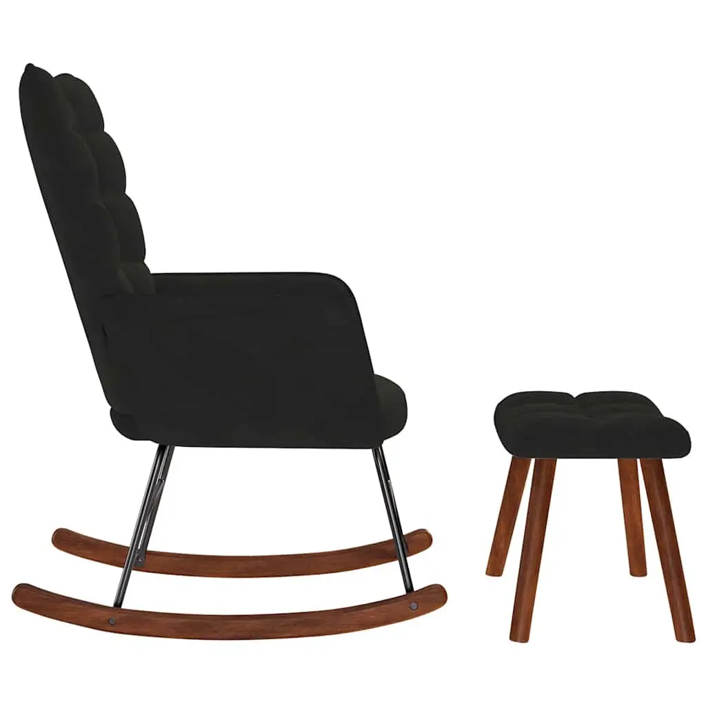 Rocking Chair Velvet Fabric Black with Stool Plywood Metal Wood