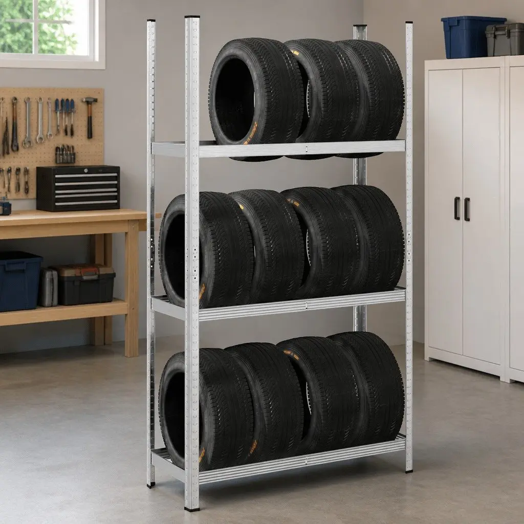 3-Layer Tyre Shelf Silver 110x40x200cm Steel Garage Storage Industrial Shelving