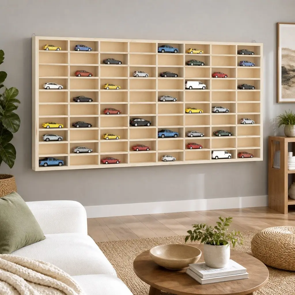 Wooden Wall Display Case with 80 Compartments