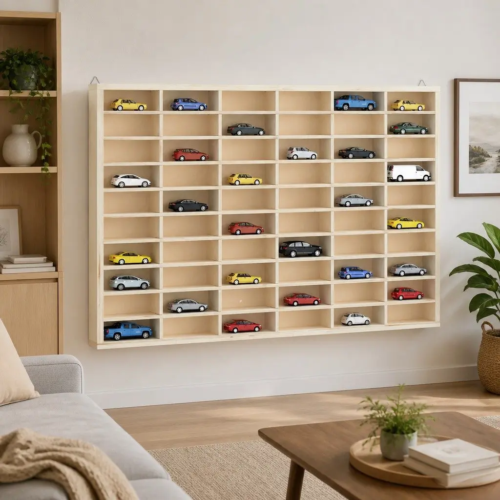 Wooden Wall-Mounted Display Case with 60 Compartments