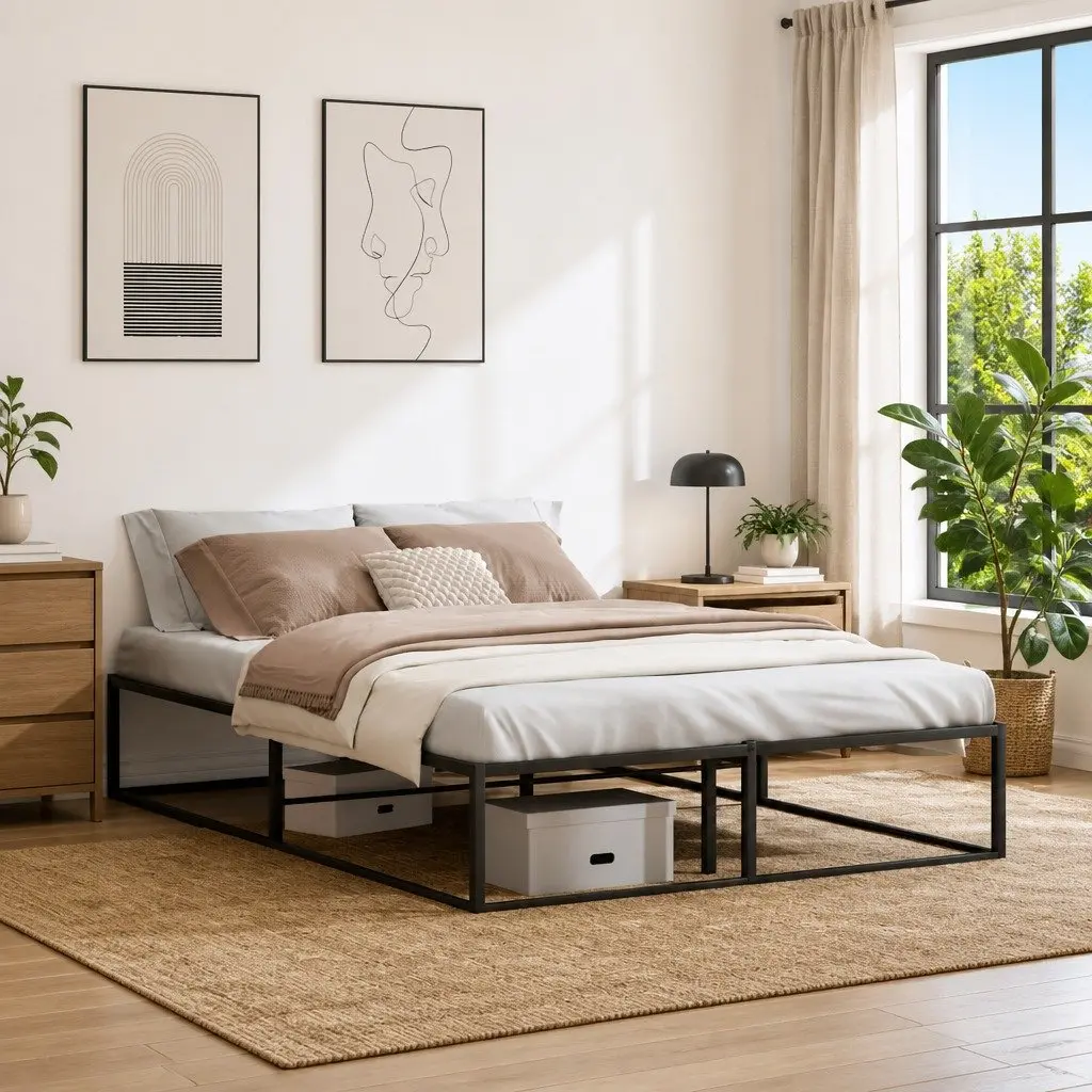 Metal Bed Frame 137x187 cm Black Slatted Base