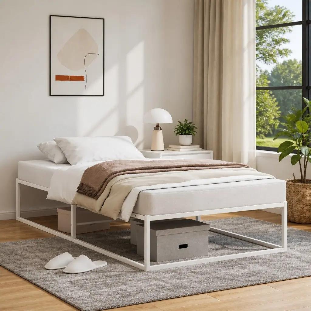 Metal Bed Frame Powder-Coated 92x187 cm White Slatted Base