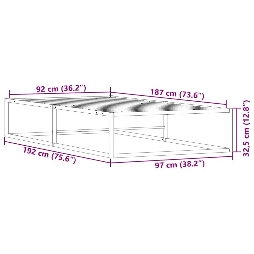 Metal Bed Frame Powder-Coated 92x187 cm White Slatted Base