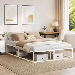 Sturdy White Metal Bed Frame 137x187 cm with Storage