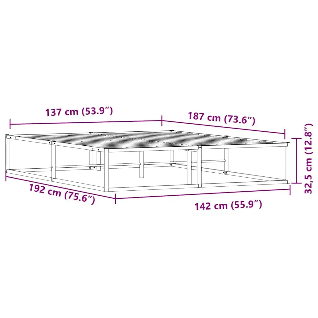 White Metal Double Bed Frame 137x187cm Slatted Base Bedroom Storage