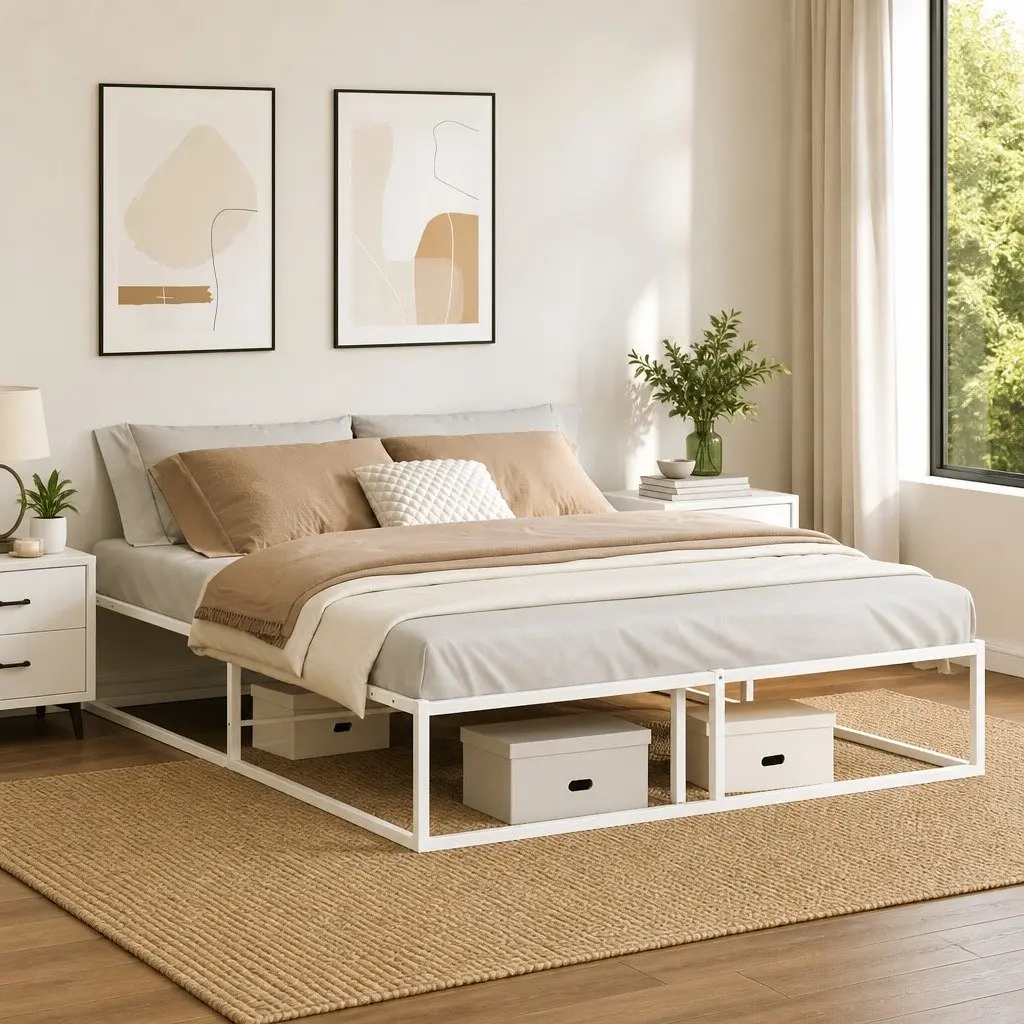 White Queen Metal Bed Frame 153x203 cm with Slatted Base