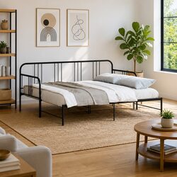 Metal Frame Daybed with Trundle in Black - 92x187 cm