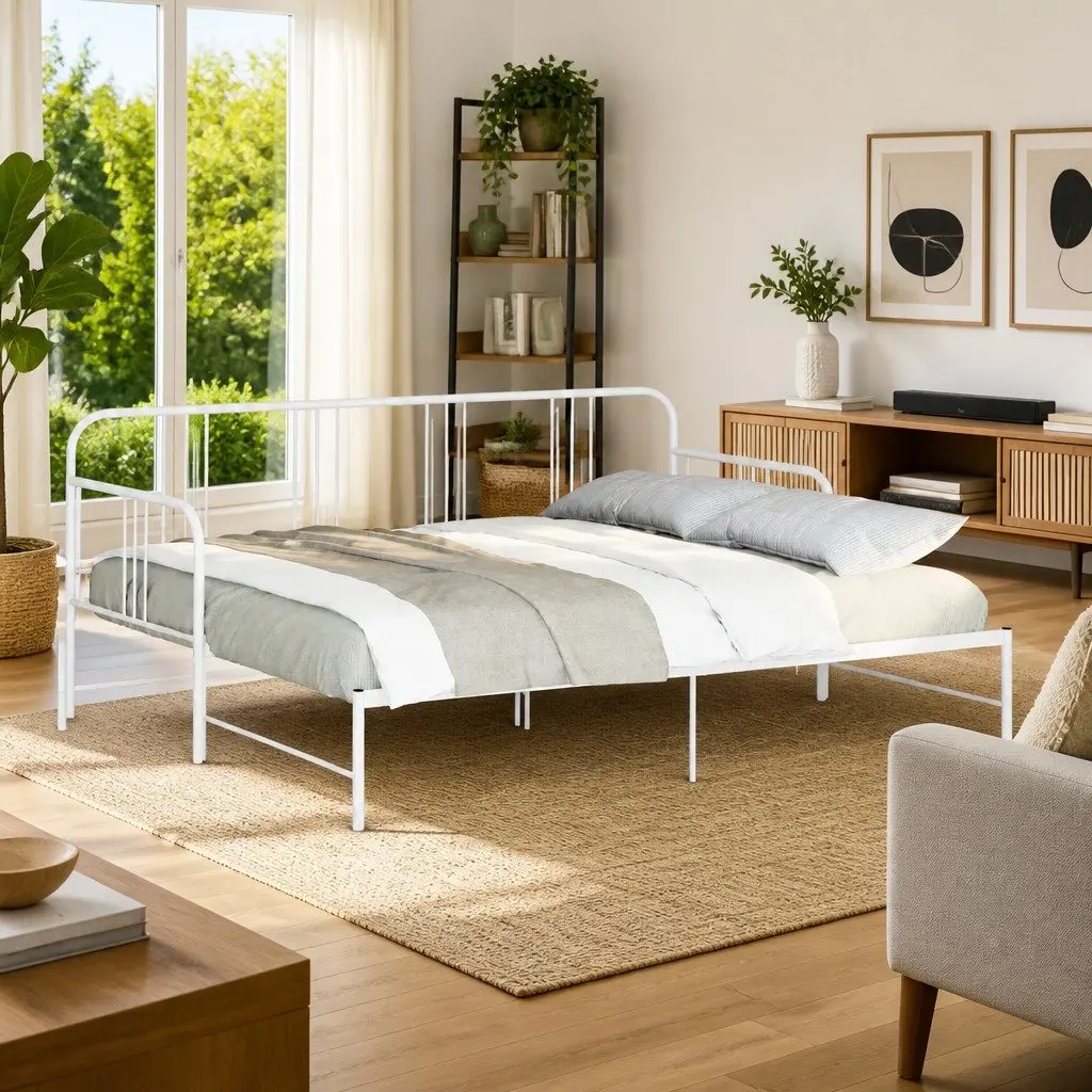 Daybed with Trundle Single Metal Frame White 92x187cm Sofa Bed Guest