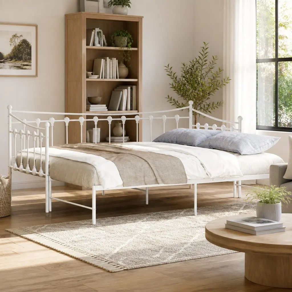 White Daybed with Trundle 92x187cm Metal Frame