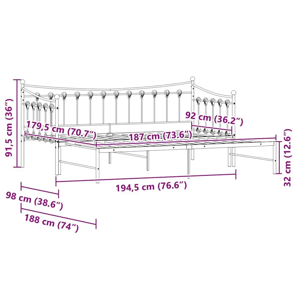 White Daybed with Trundle 92x187cm Metal Frame