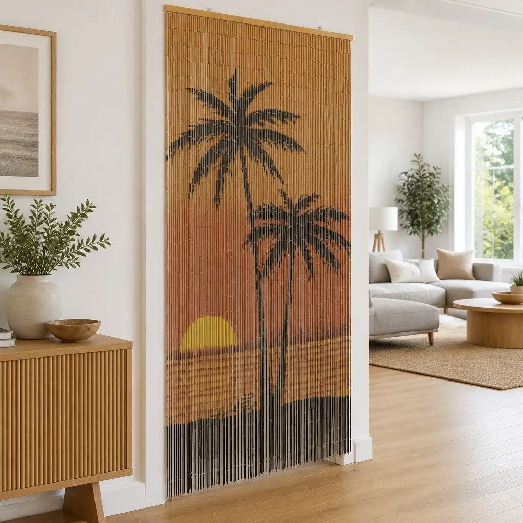 Bamboo Fly Screen with Double-Sided Palm Tree Print 90x220 cm
