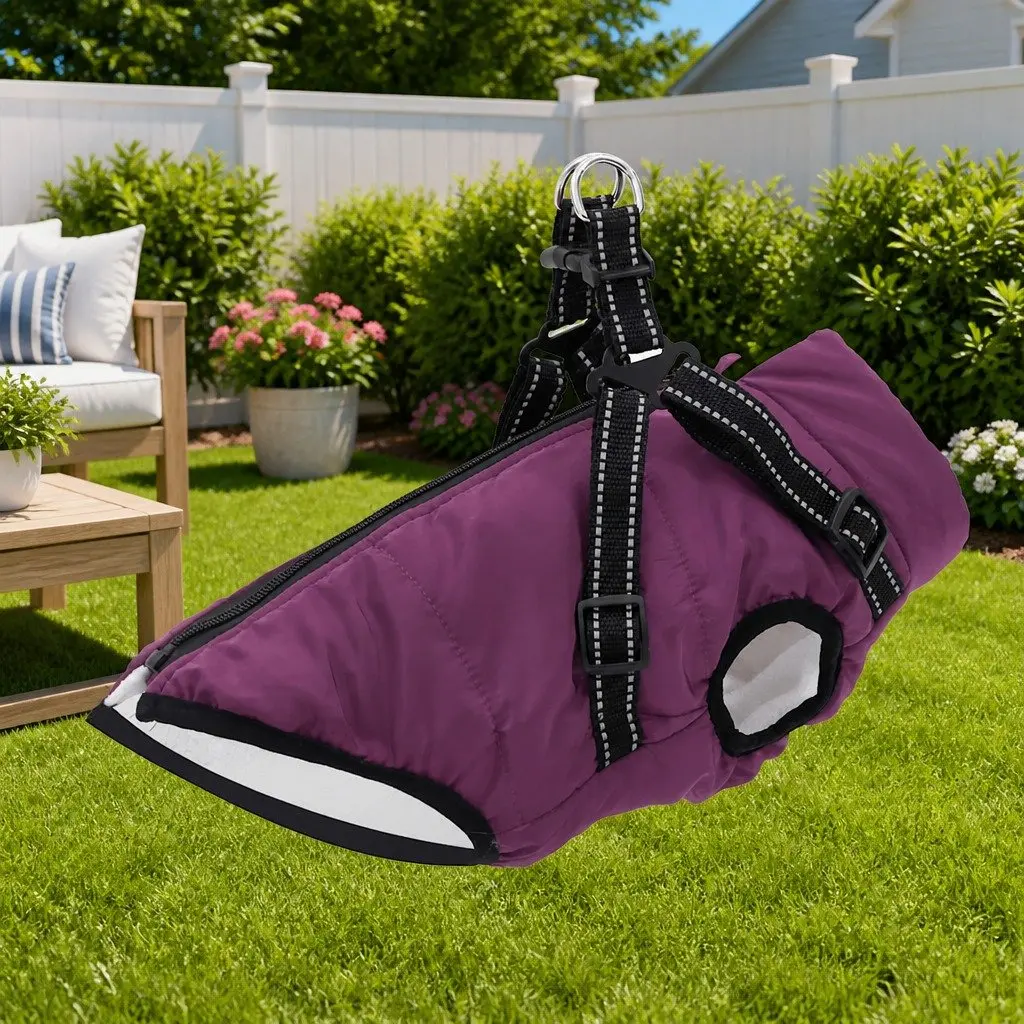 Dog Coat with Built-in Harness Waterproof Reflective Winter Jacket Purple Small