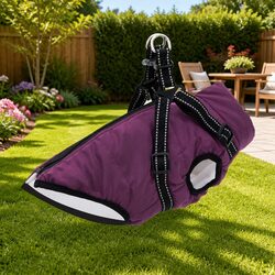 Premium Waterproof Dog Coat with Harness L Purple