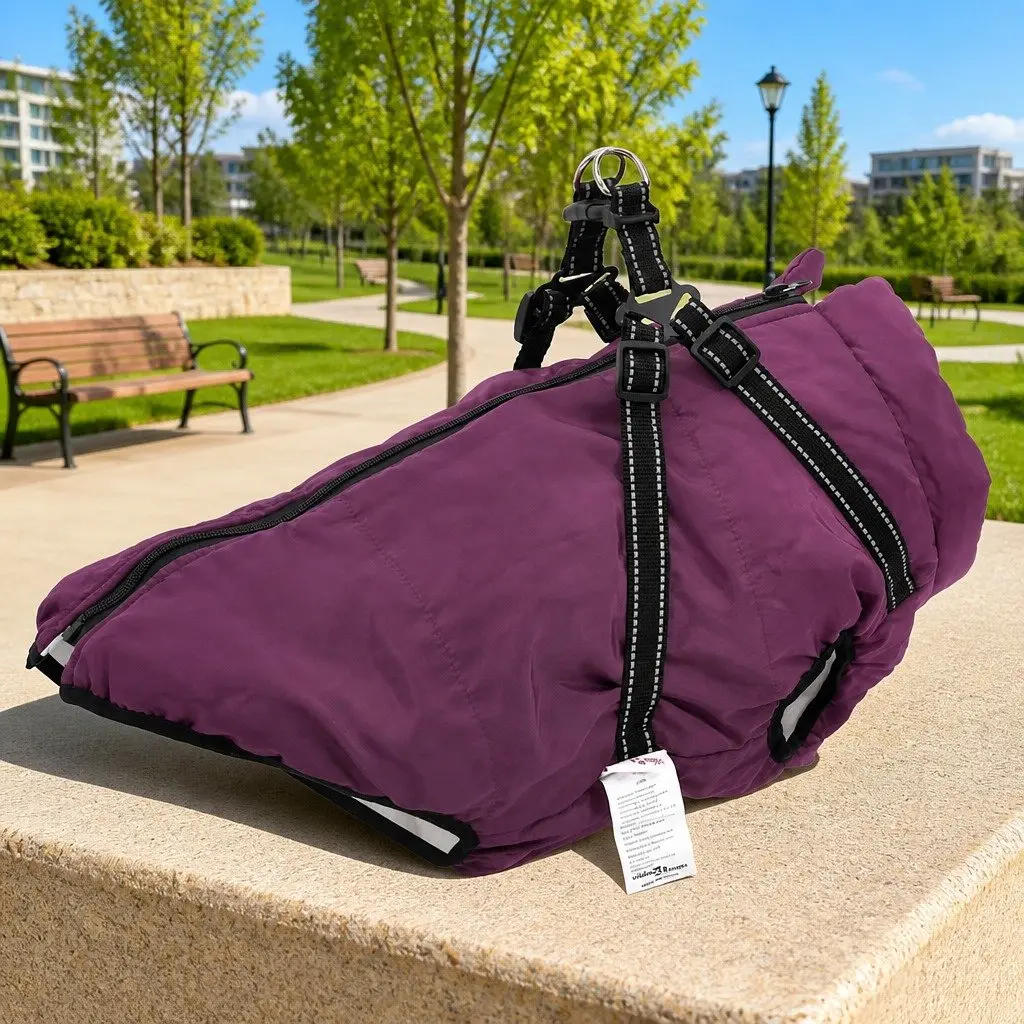 Waterproof Purple Dog Coat with Integrated Harness 3XL