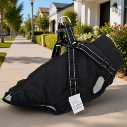 Dog Coat with Built-in Harness Waterproof Reflective Winter Jacket Black S
