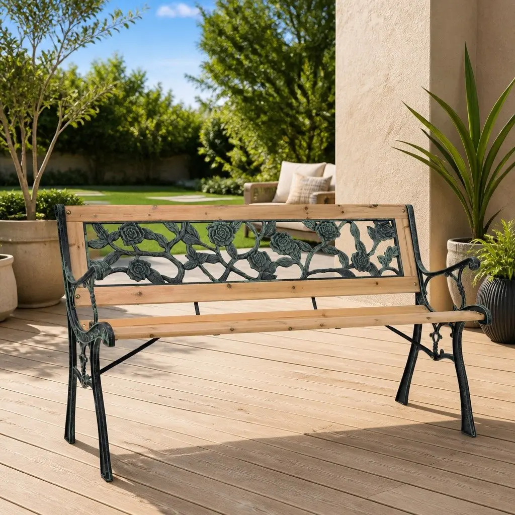 Garden Bench Wooden Frame 122cm Brown Decorative Patio