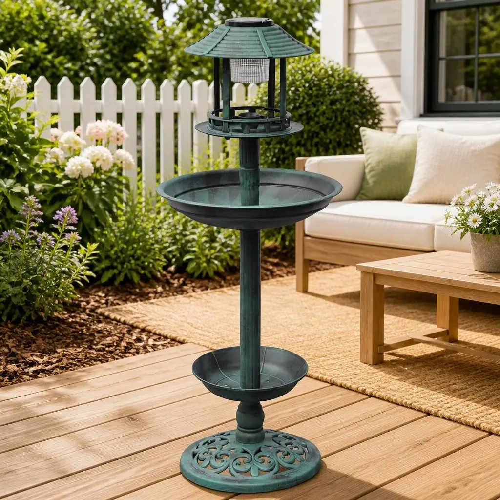 Green Bird Bath and Feeder with Solar Light