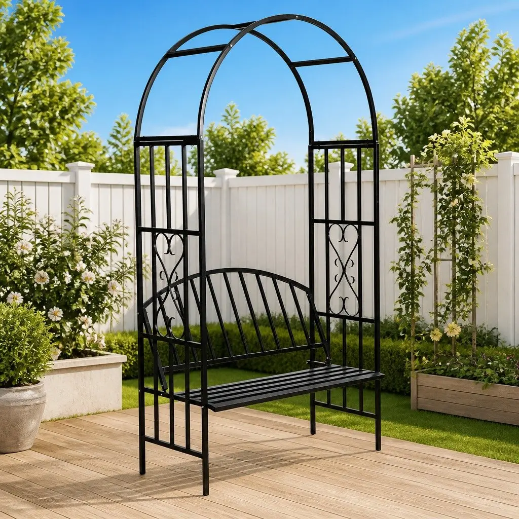 Black Garden Arch with Integrated Bench for Outdoor Spaces