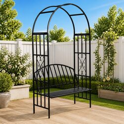Black Garden Arch with Integrated Bench for Outdoor Spaces