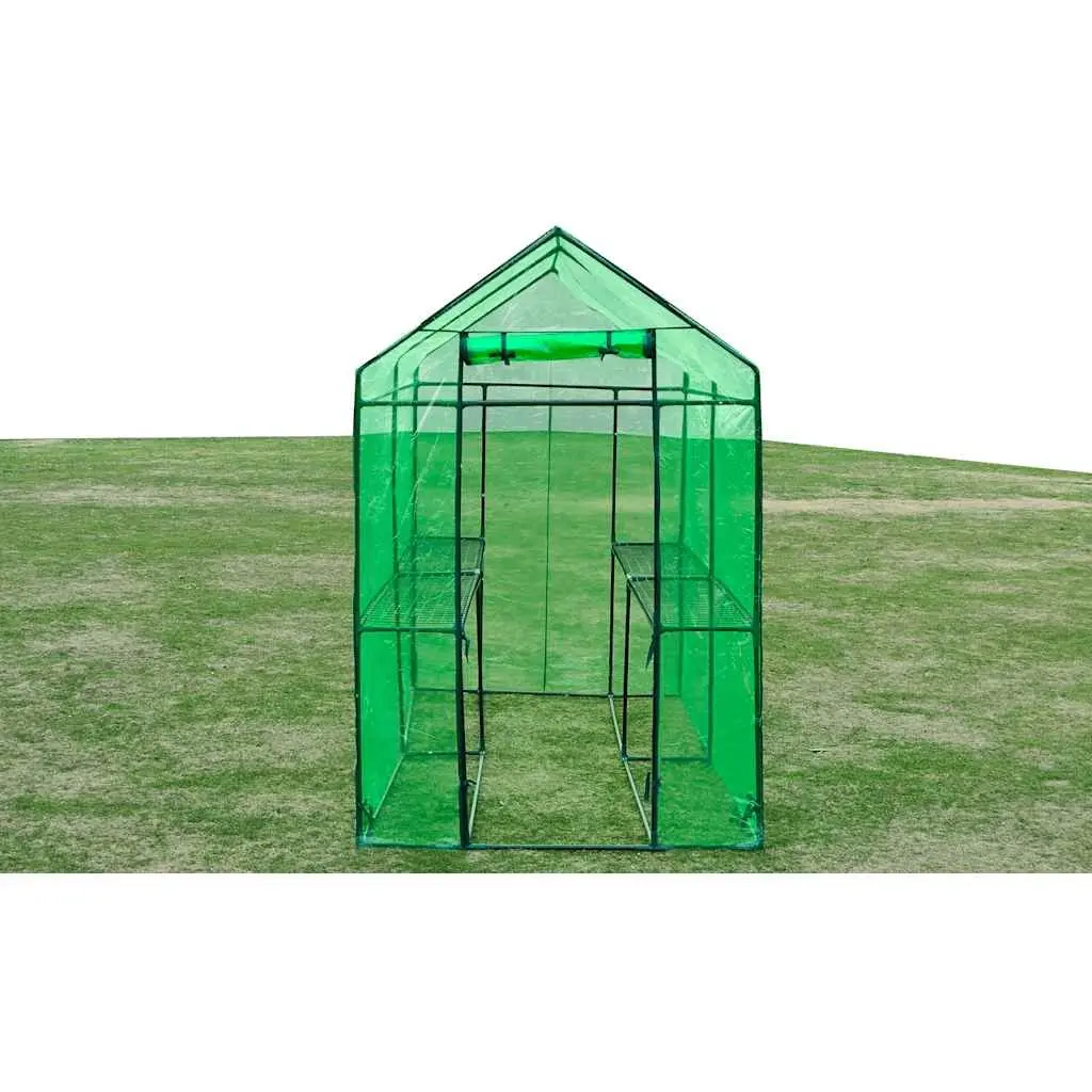 Walk-in Greenhouse with Zipped Door Powder-coated Steel Frame and Transparent Green Cover for Plants and Flowers