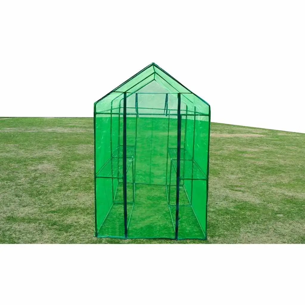 Walk-in Greenhouse with Zipped Door Powder-coated Steel Frame and Transparent Green Cover for Plants and Flowers